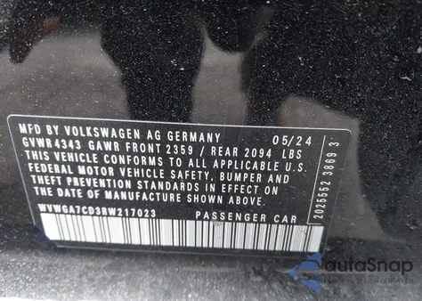 2024 Volkswagen Golf Gti 2.0T S from USA, damaged, VIN WVWGA7CD3RW217023